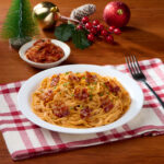 Bacon Kimchi Carbonara, made with creamy Del Monte Carbonara Style Spaghetti Sauce and flavorful bacon bits